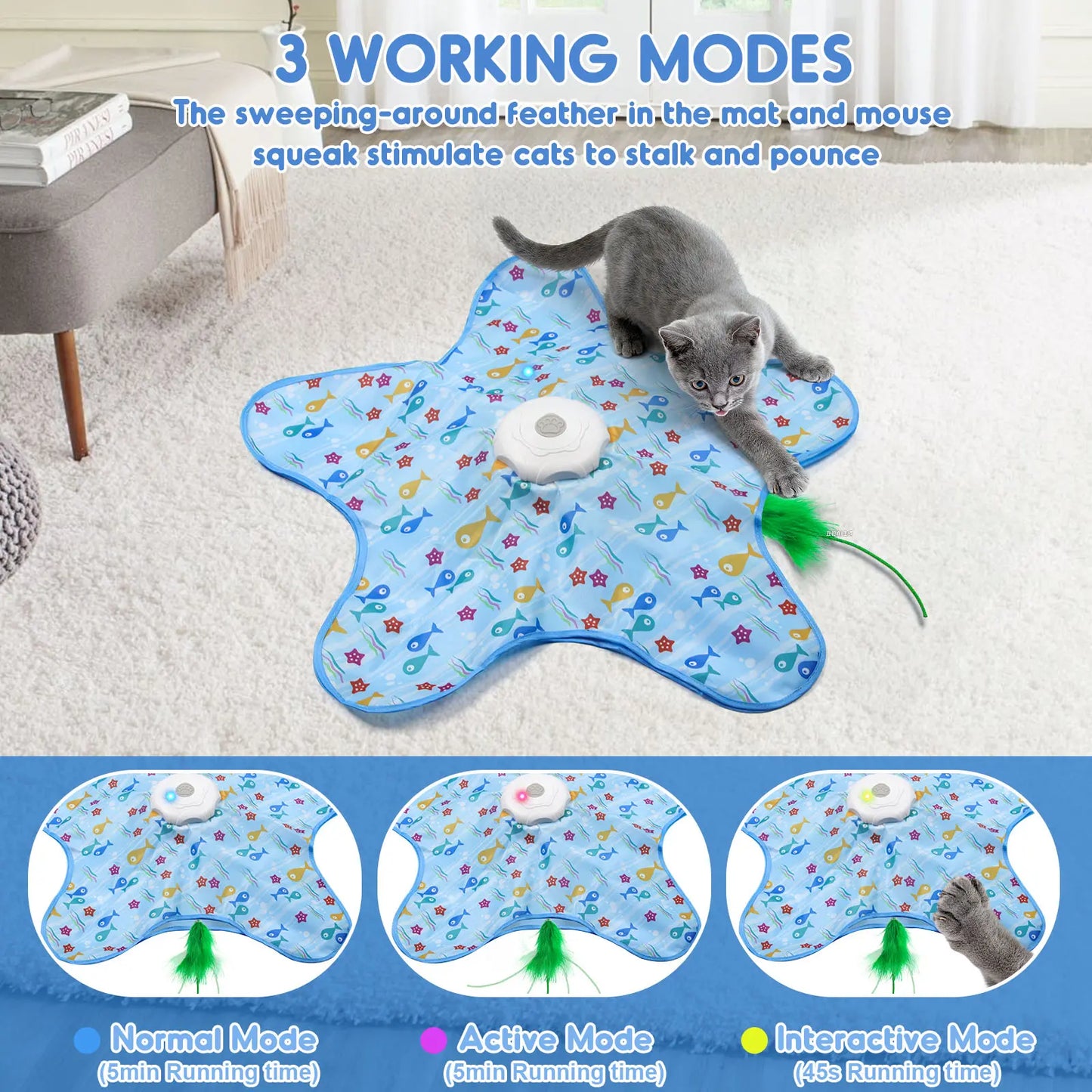 Interactive Unpredicatable Moving Feather Hunting Cat Toy , Hide and Seek Rechargeable Cat Toy for Bored Cat,Automatic Chargeable，Indoor Exercise & Boredom Relief for All Breeds Cats , Essential for Petlovers