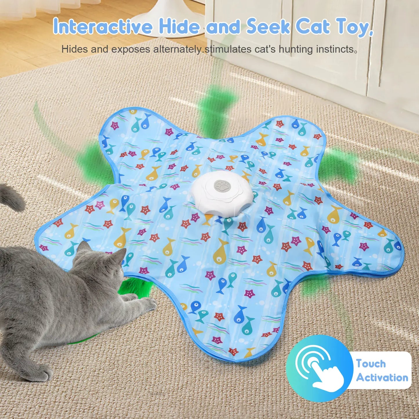 Interactive Unpredicatable Moving Feather Hunting Cat Toy , Hide and Seek Rechargeable Cat Toy for Bored Cat,Automatic Chargeable，Indoor Exercise & Boredom Relief for All Breeds Cats , Essential for Petlovers